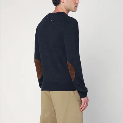 Maison Margiela Crewneck Sweater With Ribbed Cuffs And Elbow Patches In Blue