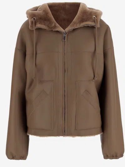 Blancha Brown Reversible Shearling Jacket With Drawstring Hood And Front Zip Closure In Brown
