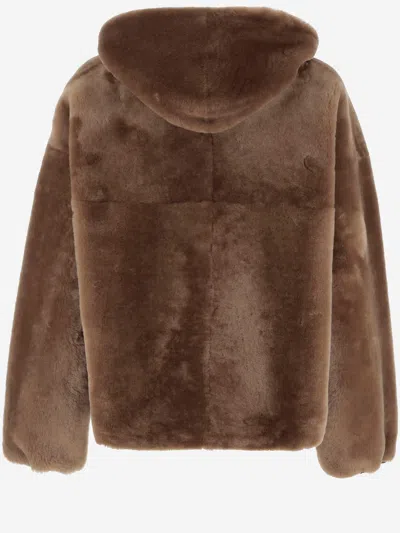 Blancha Brown Reversible Shearling Jacket With Drawstring Hood And Front Zip Closure In Brown