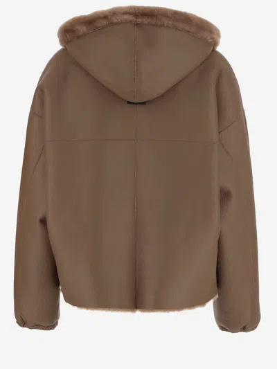 Blancha Brown Reversible Shearling Jacket With Drawstring Hood And Front Zip Closure In Brown