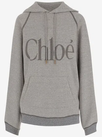 Chloé Cotton Blend Logo Hoodie In Gray