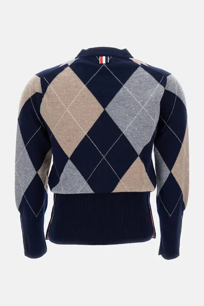 Thom Browne Navy Argyle Intarsia Cashmere V Neck Cardigan In Blue