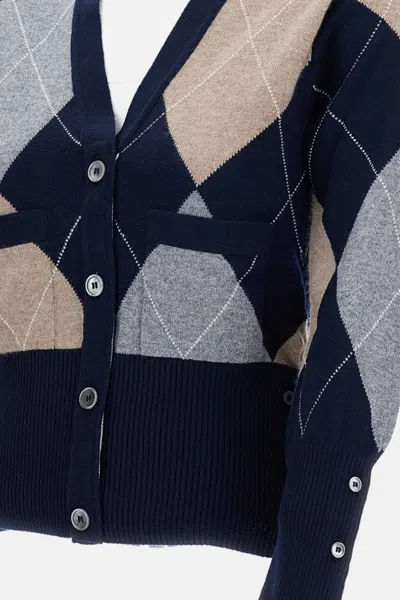 Thom Browne Navy Argyle Intarsia Cashmere V Neck Cardigan In Blue