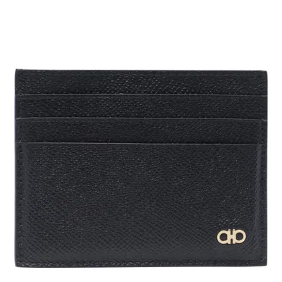 Ferragamo Black Card Holder With Micro Gancini On The Front And Logo Lettering On The Rear In Grained Leather  In Black