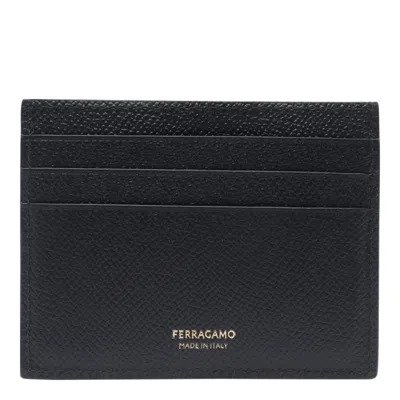 Ferragamo Black Card Holder With Micro Gancini On The Front And Logo Lettering On The Rear In Grained Leather  In Black