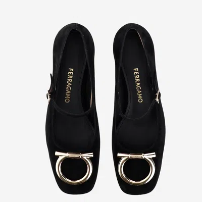 Ferragamo Suede Gancini Heeled Ballerina With Gold Hardware In Black