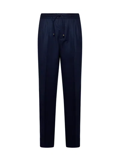 Brunello Cucinelli Virgin Wool Drawstring Leisure Trousers In Blue