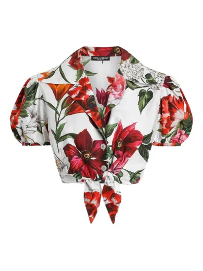 Dolce & Gabbana Cotton Crop Shirt With Flower Print Dolce E Gabbana In White