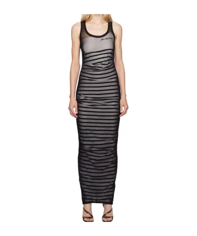 Jean Paul Gaultier Striped Printed Mesh Long Dress In Black