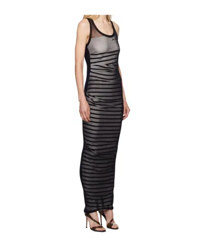 Jean Paul Gaultier Striped Printed Mesh Long Dress In Black