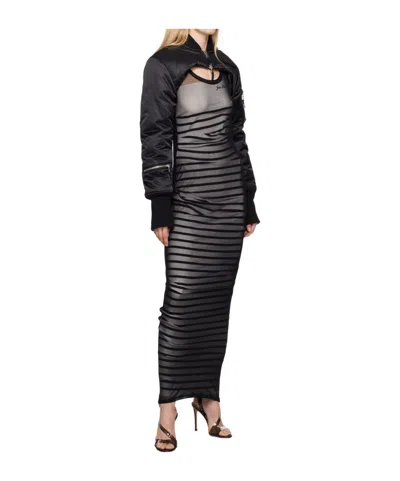 Jean Paul Gaultier Striped Printed Mesh Long Dress In Black