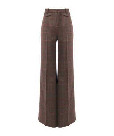 Chloé Brown Flared Checkered Wool Trousers In Brown