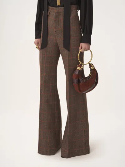 Chloé Brown Flared Checkered Wool Trousers In Brown