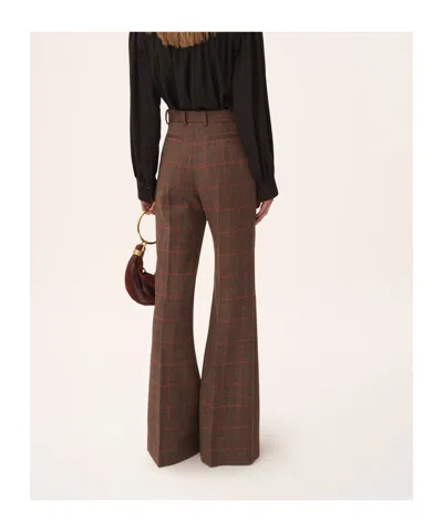 Chloé Brown Flared Checkered Wool Trousers In Brown