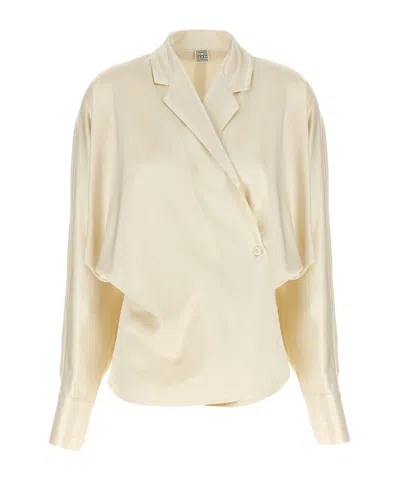 Totême Womens Ecru Wrap Notch-lapels Woven Blouse In Neutral