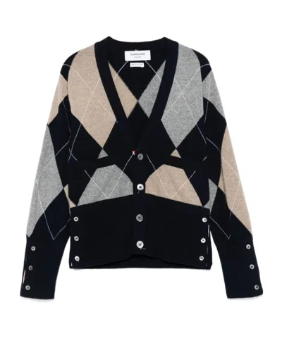 Thom Browne Navy Argyle Intarsia Cashmere V Neck Cardigan In Multi