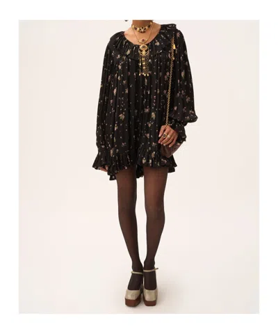 Chloé Gathered Long-sleeve Mini Dress In Silk Charmeuse In Black