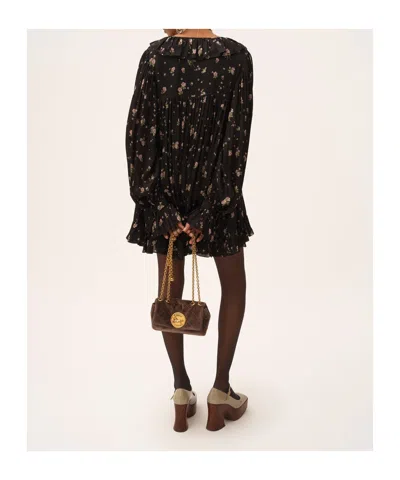 Chloé Gathered Long-sleeve Mini Dress In Silk Charmeuse In Black