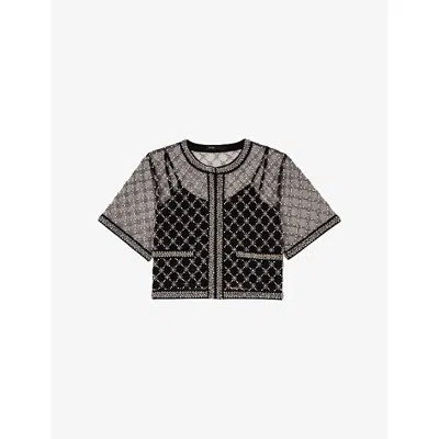 Maje Womens Bead-embroidered Short-sleeve Tulle Top Black