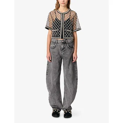 Maje Womens Bead-embroidered Short-sleeve Tulle Top Black