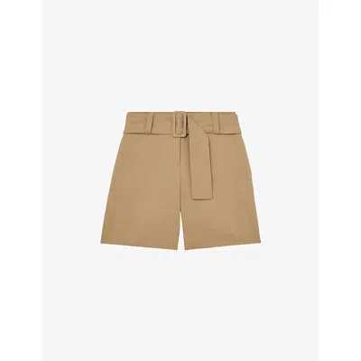 Reiss Womens Harper Regular-fit Belted-waist Cotton And Linen-blend Shorts Camel In Brown