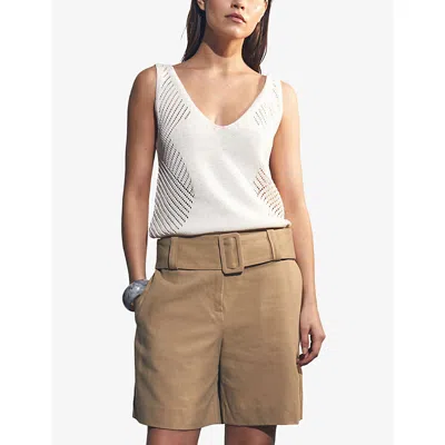 Reiss Womens Harper Regular-fit Belted-waist Cotton And Linen-blend Shorts Camel In Brown