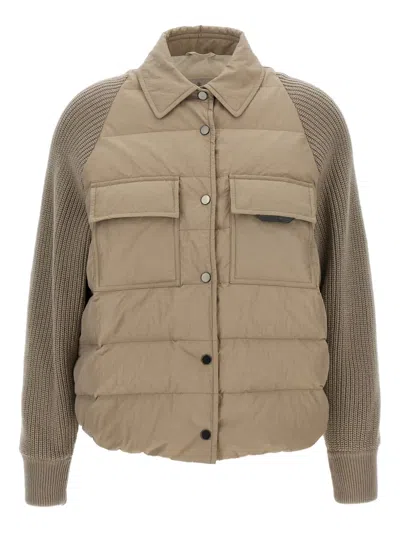 Brunello Cucinelli Two-material 'shiny Flap Detail' Down Jacket In Brown