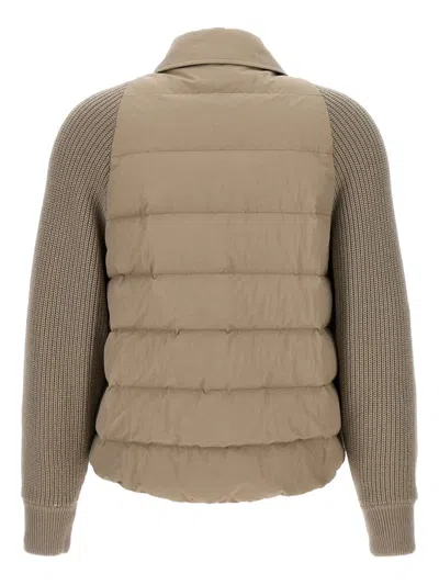 Brunello Cucinelli Two-material 'shiny Flap Detail' Down Jacket In Brown