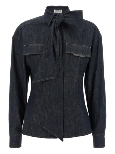 Brunello Cucinelli Lightweight Denim Shirt With Removable Bow In Blue