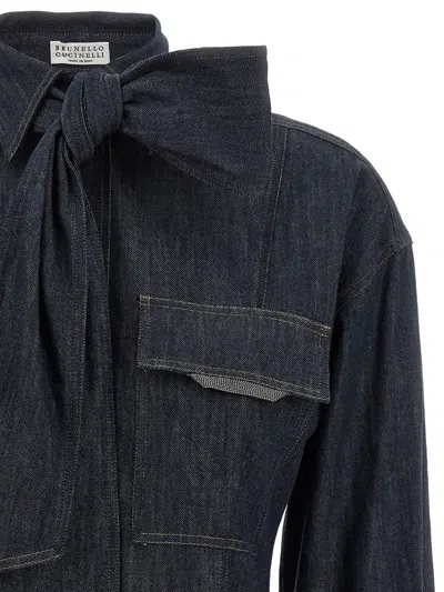 Brunello Cucinelli Lightweight Denim Shirt With Removable Bow In Blue