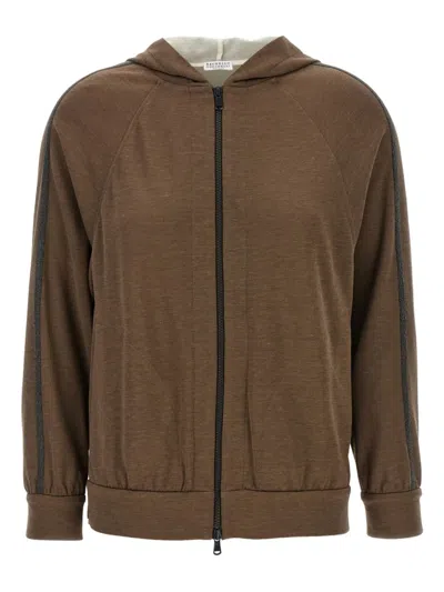 Brunello Cucinelli Brown Sweatshirt With Fixed Hood And Monil Detail On The Sleeve In Brown