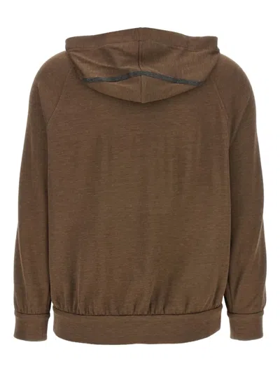 Brunello Cucinelli Brown Sweatshirt With Fixed Hood And Monil Detail On The Sleeve In Brown