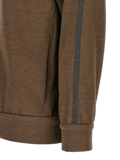 Brunello Cucinelli Brown Sweatshirt With Fixed Hood And Monil Detail On The Sleeve In Brown