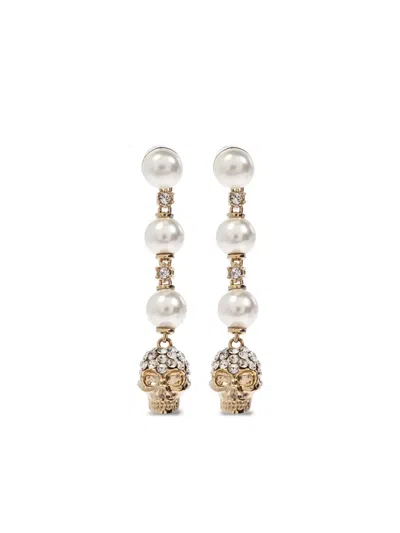 Alexander Mcqueen Skull And Pearl Earrings In Pale Gold Accessories In Gold