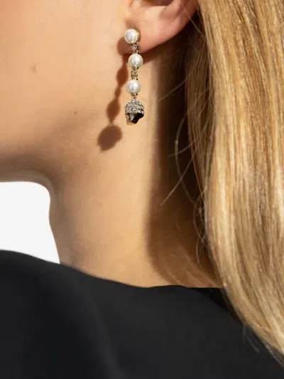 Alexander Mcqueen Skull And Pearl Earrings In Pale Gold Accessories In Gold