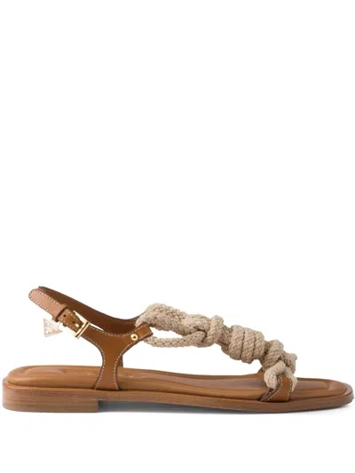 Prada Fabric And Leather Sandals With Braided Straps In Brown