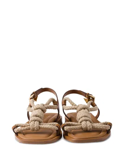 Prada Fabric And Leather Sandals With Braided Straps In Brown