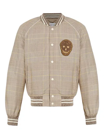 Alexander Mcqueen Skull Patch Prince Of Wales Bomber Jacket In Brown