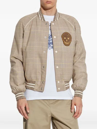 Alexander Mcqueen Skull Patch Prince Of Wales Bomber Jacket In Brown