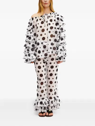 Sleeper Samba Ruffled Chiffon Polka-dot Pants In White In White
