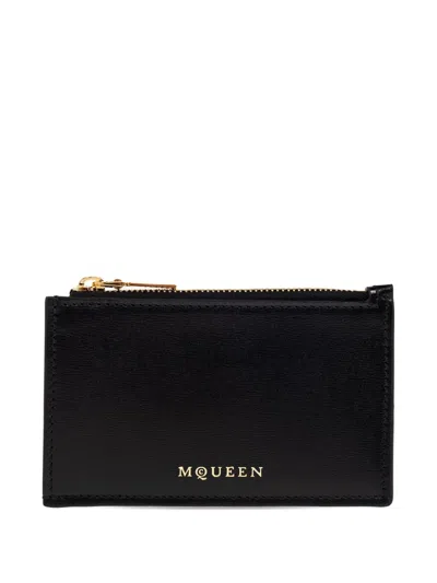 Alexander Mcqueen Logo Stamped Leather Zip Cardholder In Black