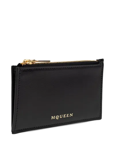 Alexander Mcqueen Logo Stamped Leather Zip Cardholder In Black