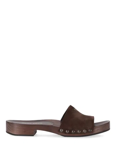 Miu Miu Suede Stud Flat Sandals In Brown