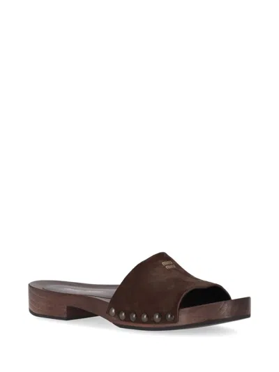 Miu Miu Suede Stud Flat Sandals In Brown