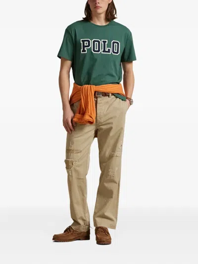 Polo Ralph Lauren Green Crewneck T-shirt With Logo Lettering On The Fornt And Pony Embroidery On The Front In Cotton M In Green