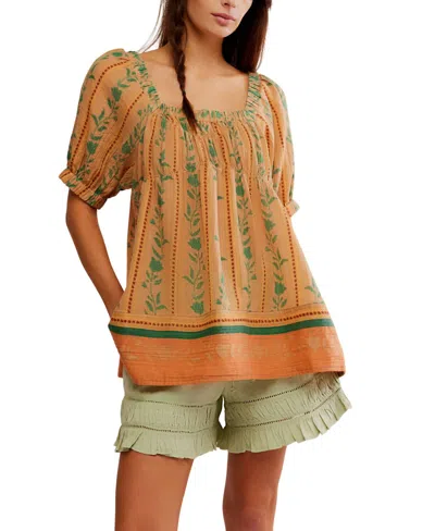 Free People Santorini Print Embroidered Puff Sleeve Tunic Top In Brown