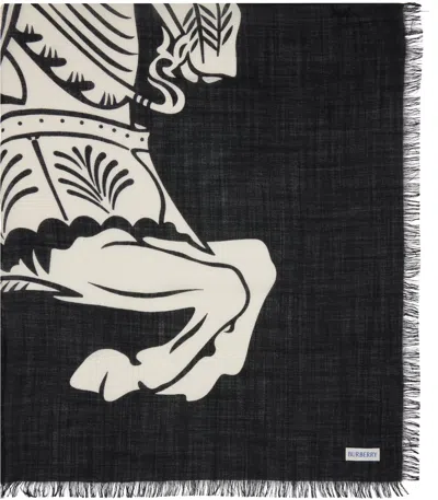 Burberry Black & White Wide Ekd Wool Scarf In Black