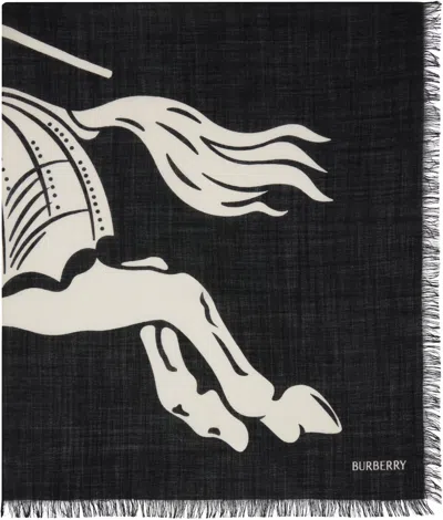 Burberry Black & White Wide Ekd Wool Scarf In Black
