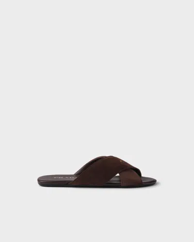Prada Suede Open Toe Flat Sole Slides In Brown