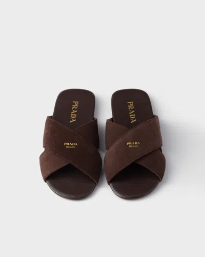 Prada Suede Open Toe Flat Sole Slides In Brown